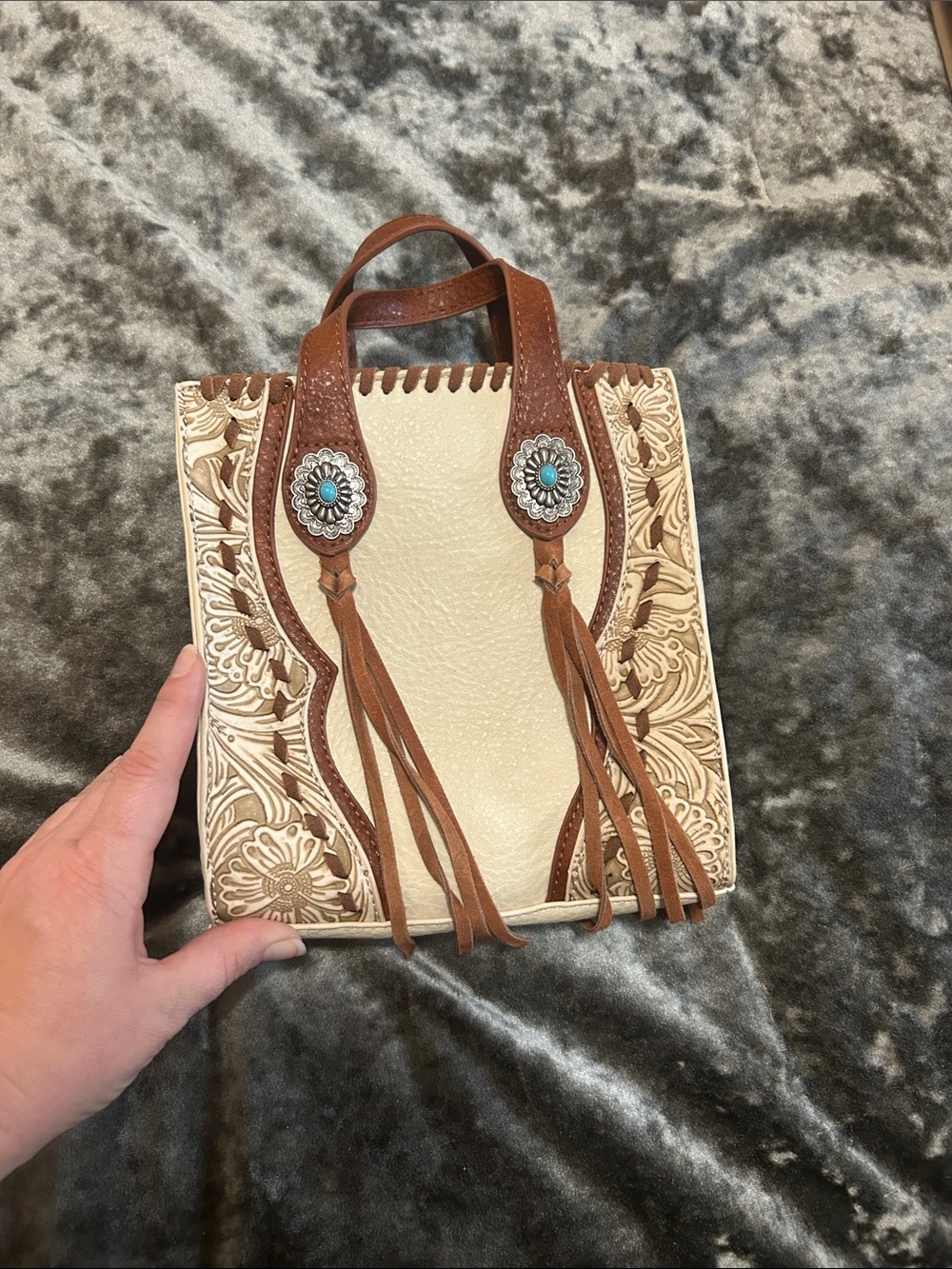 Cream & Brown Tooled Mini Handbag with Turquoise Conchos